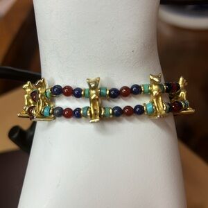 EGYPTIAN BASTET BRACELET CARNELIAN SODALITE TURQUOISE BEADS WITH 6 CAT CHARMS